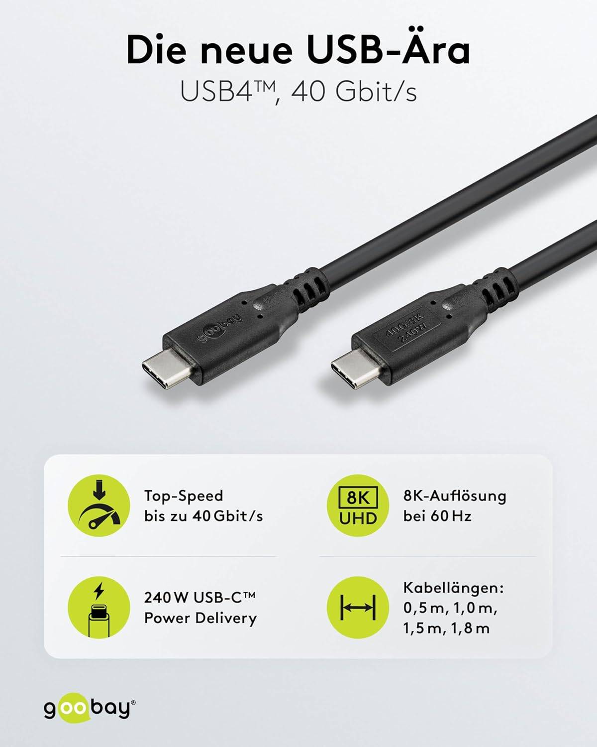 Goobay 74183 USB4® Kabel, USB-C™ auf USB-C™, 40 Gbit/s, 240 W Power Delivery, 8K Video, 1 m-1