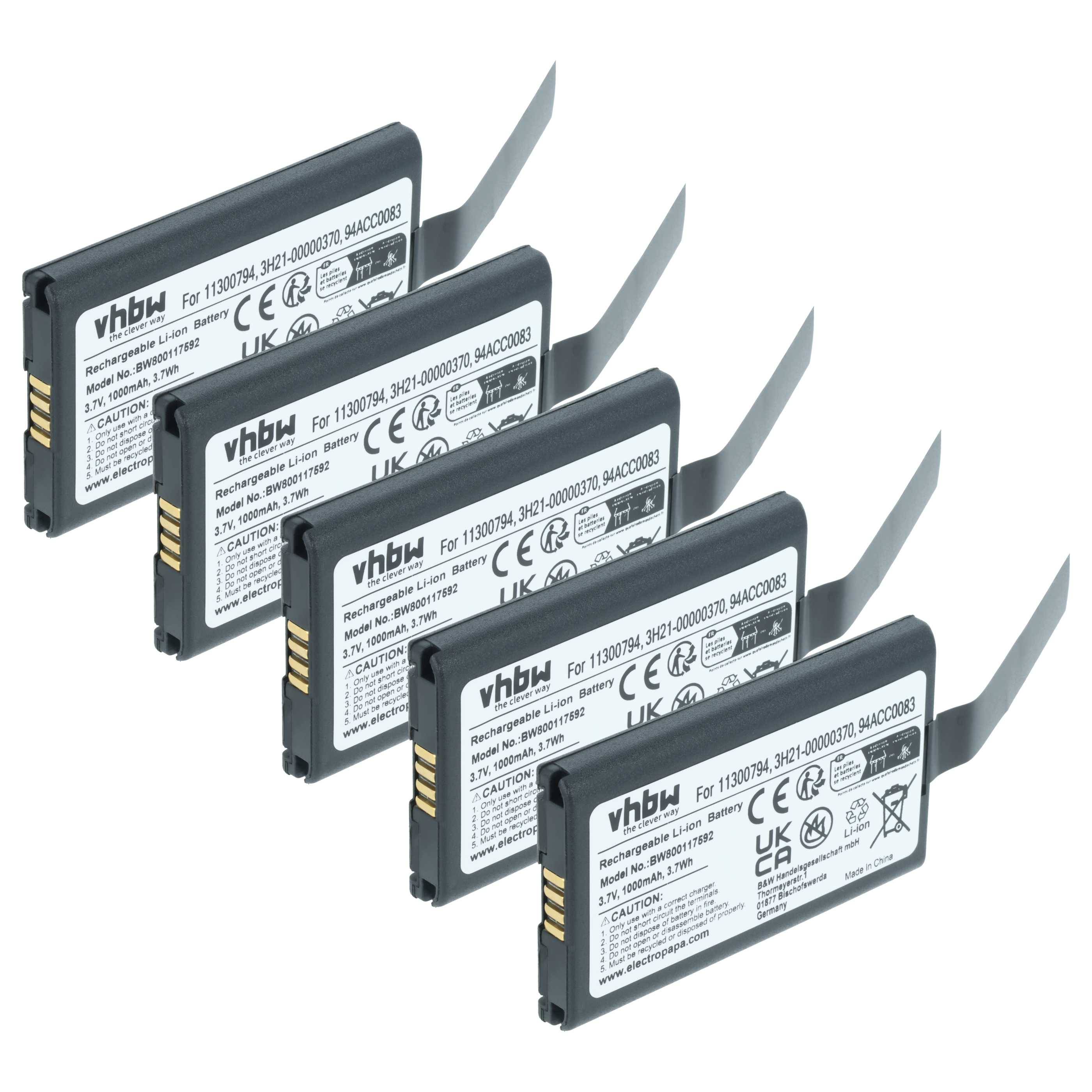 vhbw 5x Akku Ersatz für Datalogic 11300794 | 3H21-00000370, 94ACC0083, 800065-56 für Barcodescanner POS (1000 mAh, 3,7 V-0