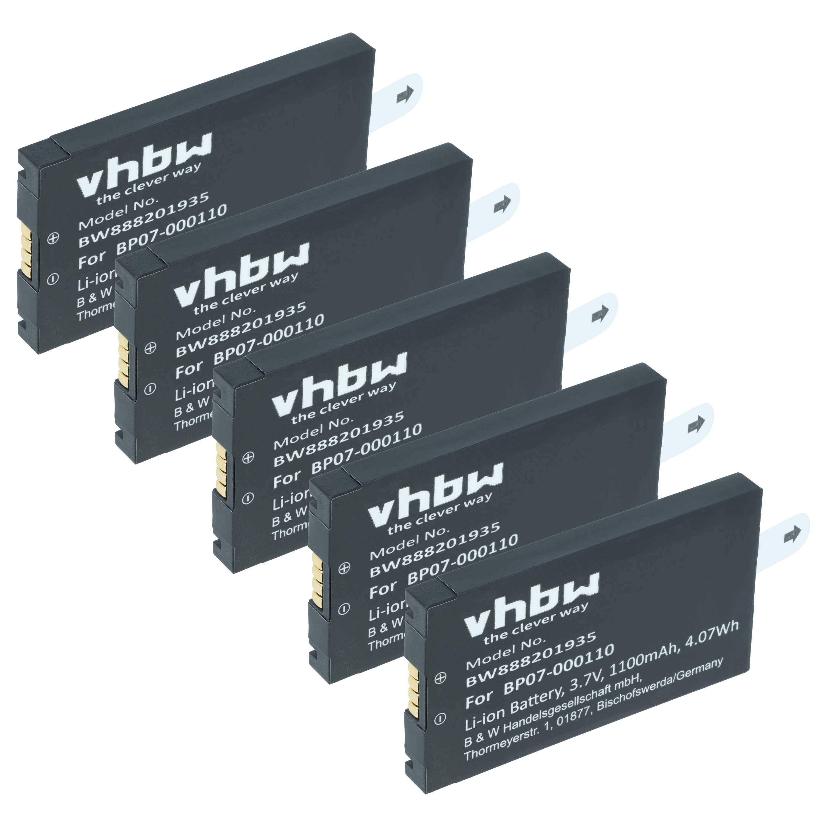 vhbw 5x Akku Ersatz für Datalogic 11300794 | 3H21-00000370, 94ACC0083, 800065-56 für Barcodescanner POS (1100 mAh, 3,7 V-0