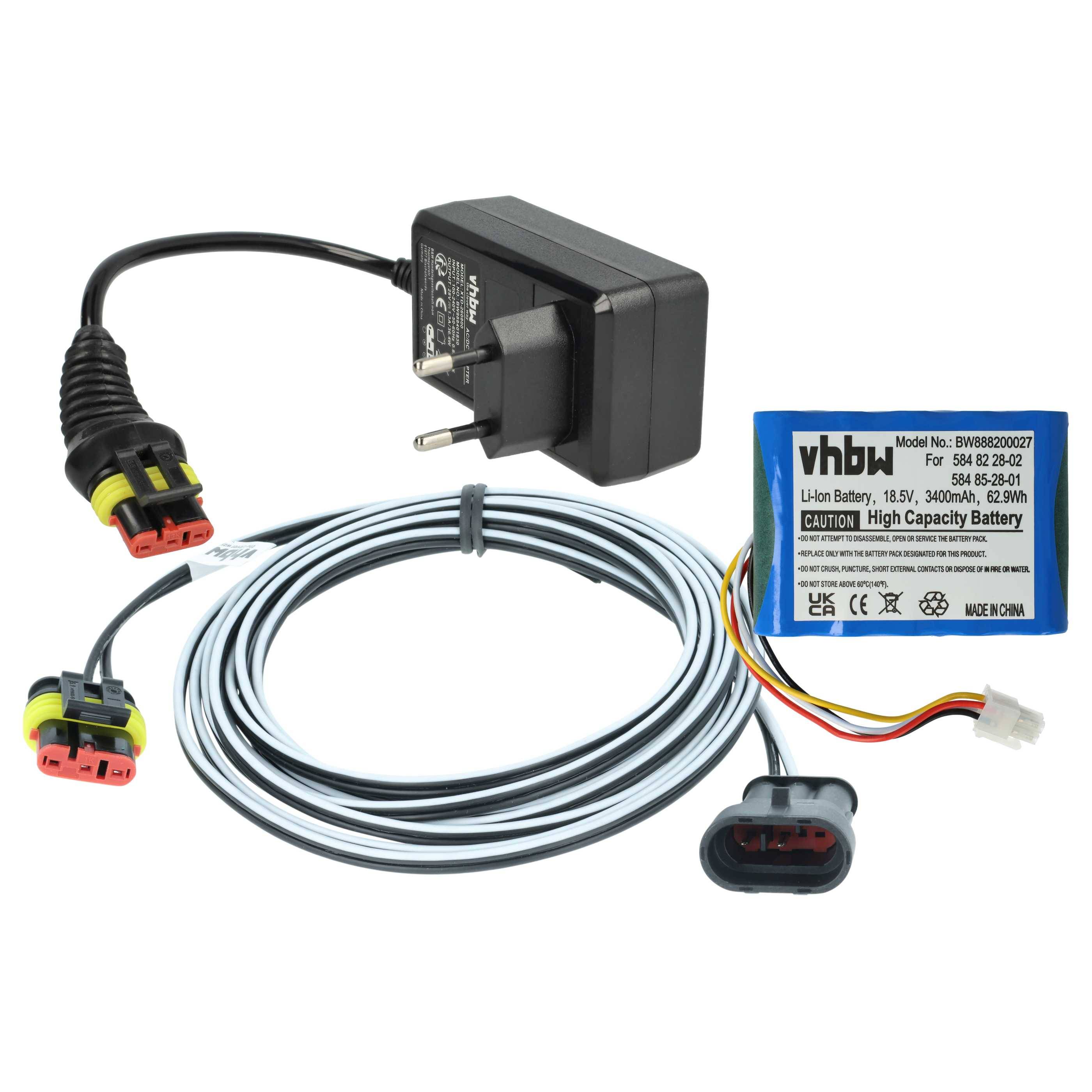 vhbw 1x Netzteil, 1x 3400 mAh Akku, 1x 3 m Niederspannungskabel kompatibel mit Flymo EasiLife Go 500, Go 200, Go 250-0