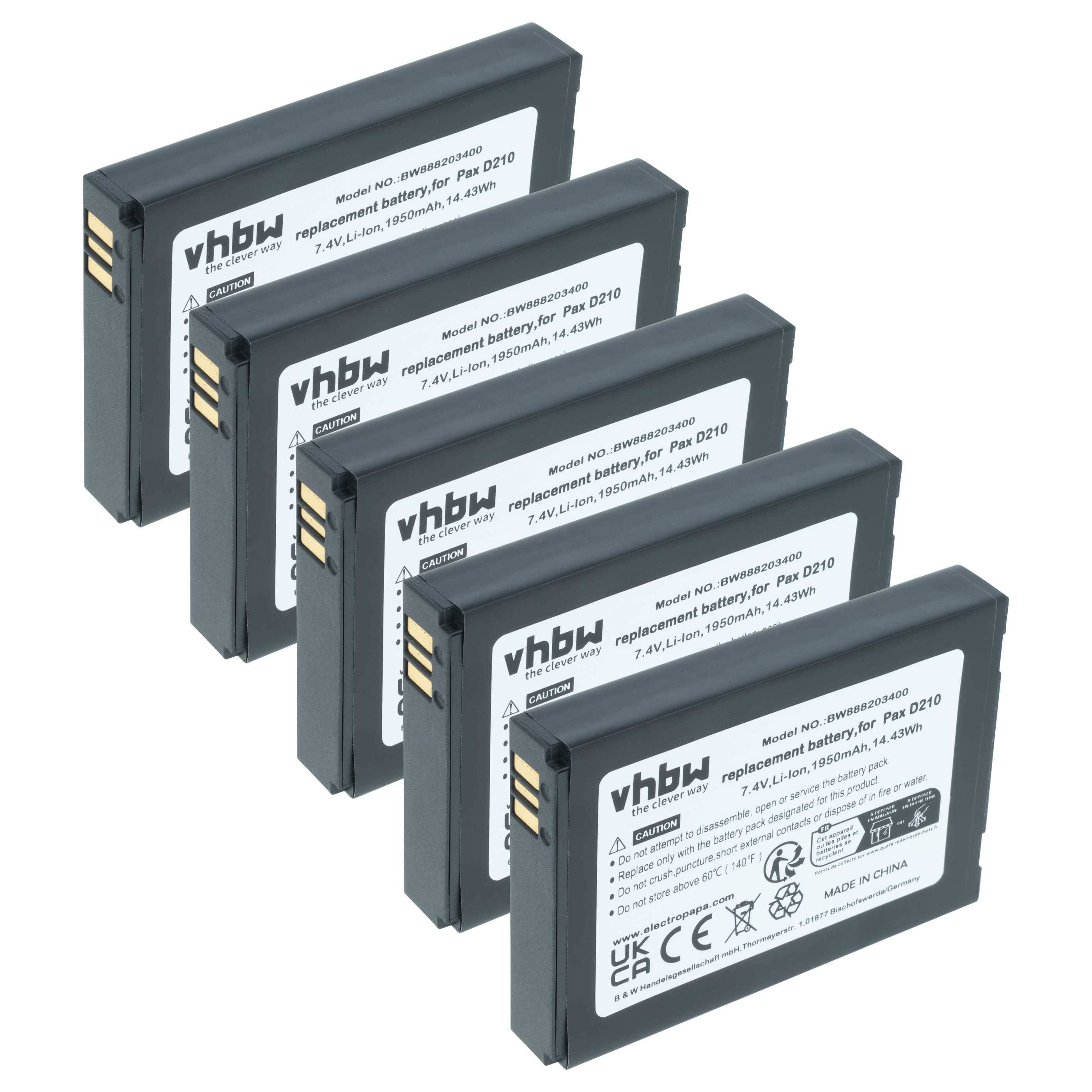 vhbw 5x Akku Ersatz für Pax IS524 | IS133 für Barcodescanner POS (1750 mAh, 7,4 V, Li-Ion)-0