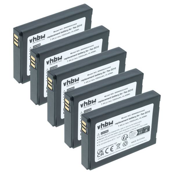 vhbw 5x Akku Ersatz für Pax IS524 | IS133 für Barcodescanner POS (1750 mAh, 7,4 V, Li-Ion)