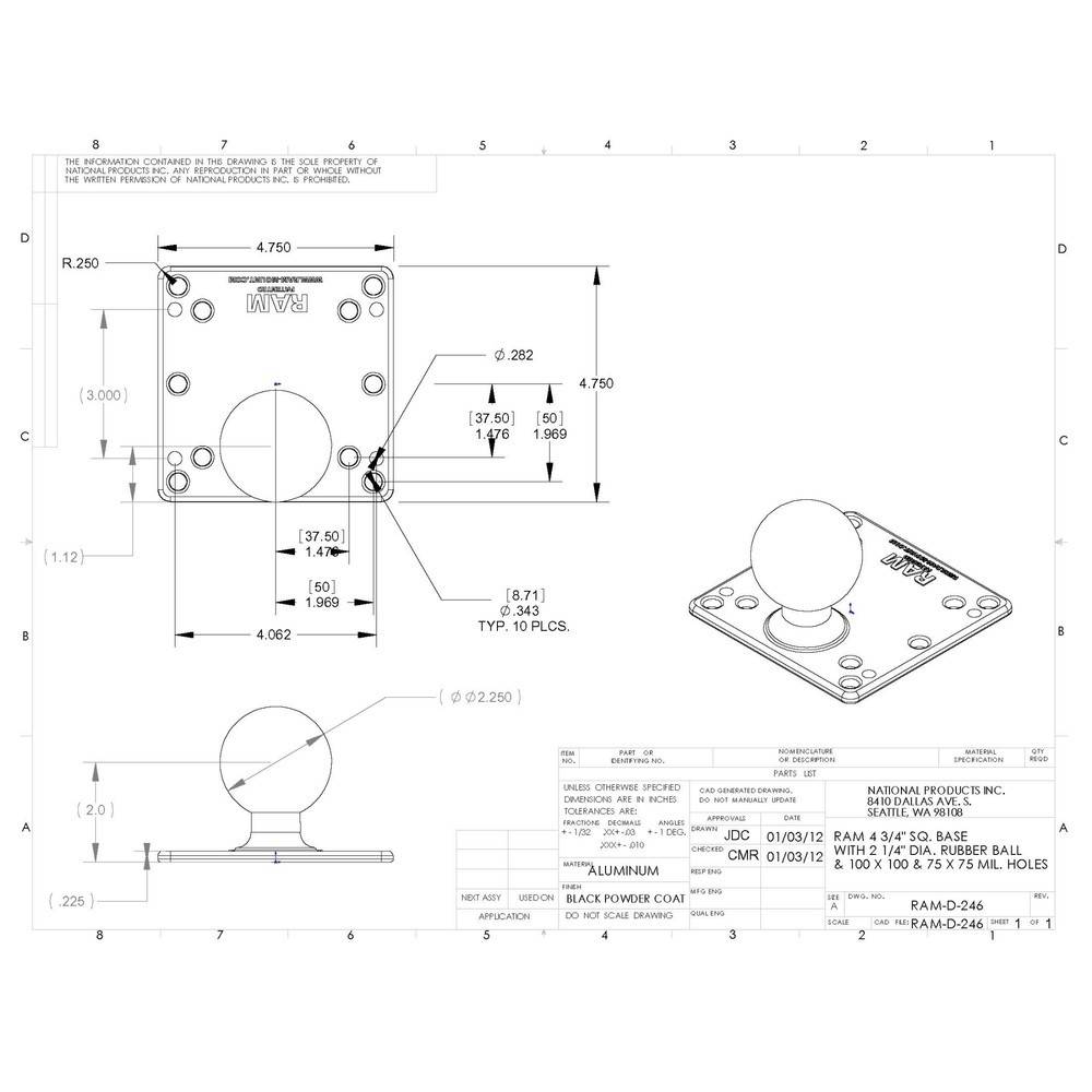 RAM Mounts VESA-Platte (120,7 x 120,7 mm), 75x75 u. 100x100 mm Lochras-1