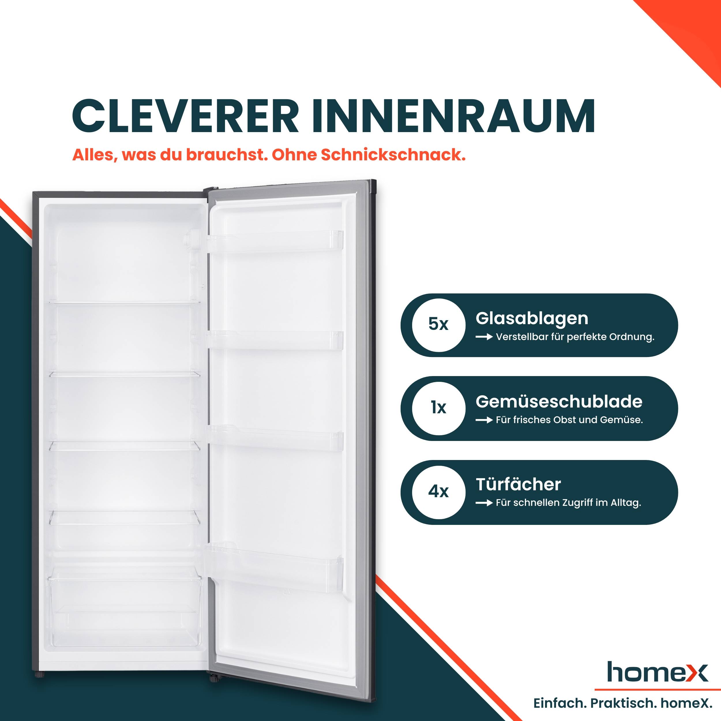 homeX CS2422E-S Kühlschrank ohne Gefrierfach groß, freistehender Vollraumkühlschrank - 242 Liter, 143 cm hoch, silber-1