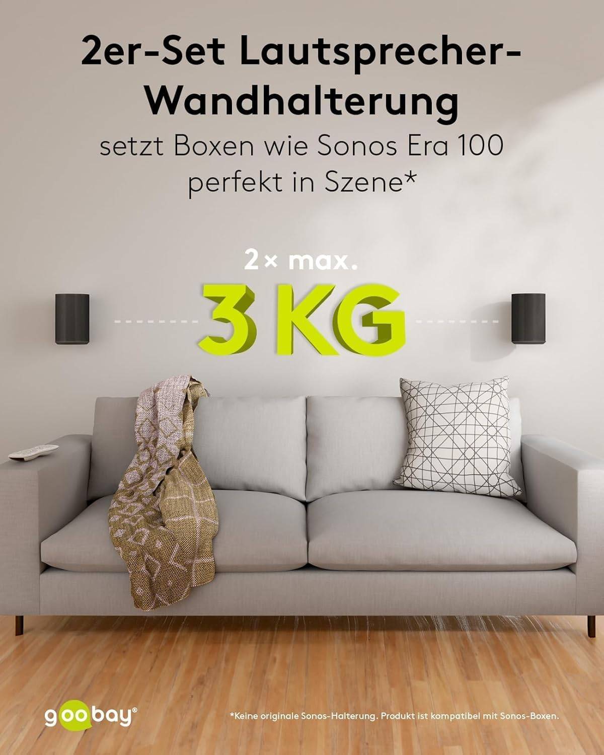 Goobay 71025 2x Lautsprecherwandhalterung für Sonos Era 100, neig und schwenkbar, aus Stahl, Schwarz-1
