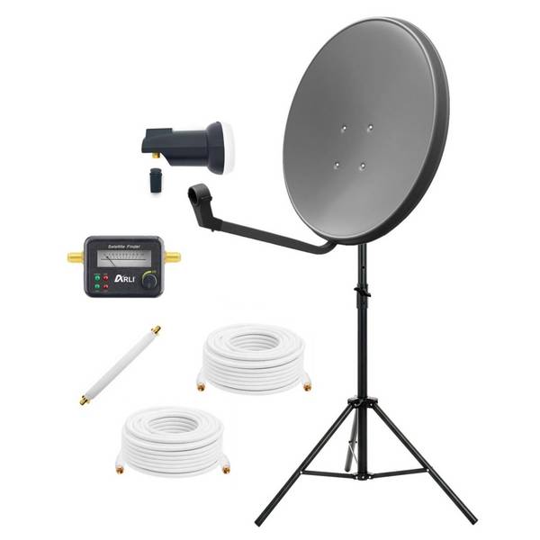 60cm HD SAT Anlage grau + Single LNB + Satfinder + Kabel + Sativ + Fensterdurchführung 20cm