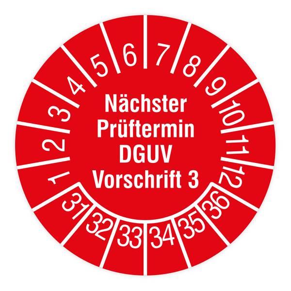 Prüfplakette, Nächster Prüftermin- DGUV Vorschrift 3, 2031 - 2036, Dokumentenfolie, Ø 15 mm, 160/Heft