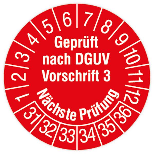 Prüfplakette, Geprüft nach DGUV V 3, Nä. Prüfung, 2031 - 2036, Standardfolie, Ø 30 mm, 108/Heft