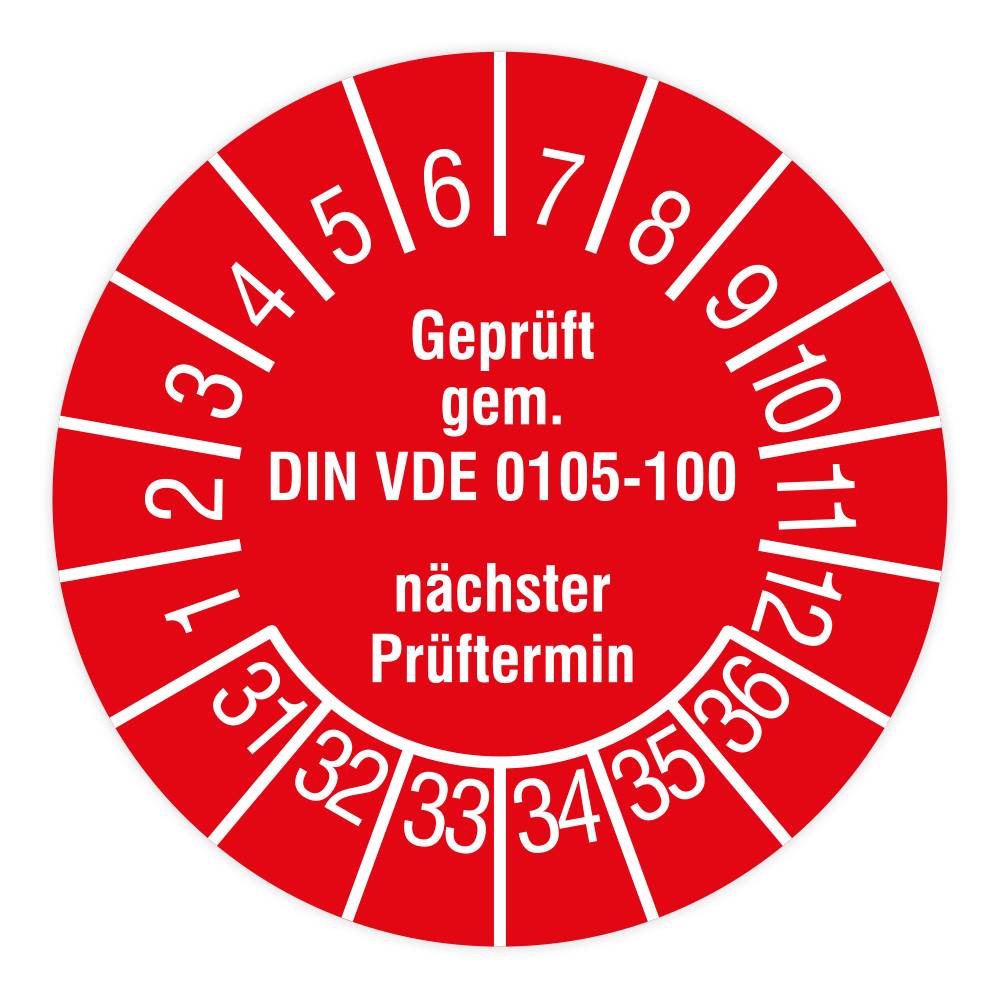 Prüfplakette, Geprüft gem. DIN VDE 0105-100, nä. Prüftermin, 2031, Dok.folie, Ø 15 mm, 160/Heft-0