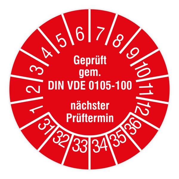 Prüfplakette, Geprüft gem. DIN VDE 0105-100, nä. Prüftermin, 2031, Dok.folie, Ø 15 mm, 160/Heft