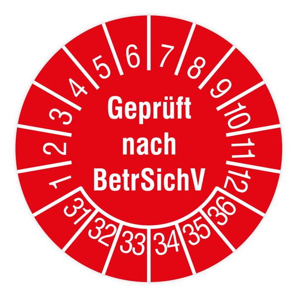 Prüfplakette, Geprüft nach BetrSichV, 2031 - 2036, Dokumentenfolie, Ø 15 mm, 160/Heft