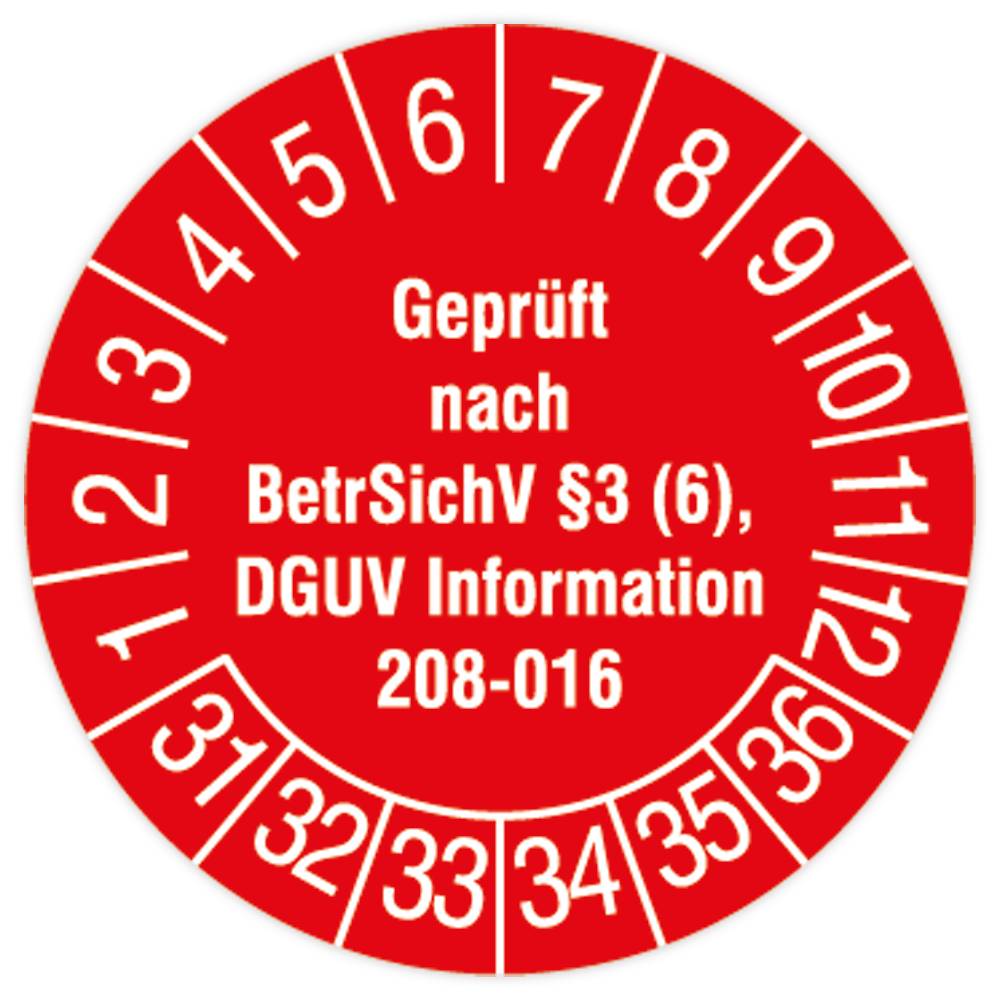 Prüfplakette, Geprüft nach BetrSichv §3 (6), DGUV Info. 208-016, 2031, Standardf., Ø 30 mm, 108/Heft-0
