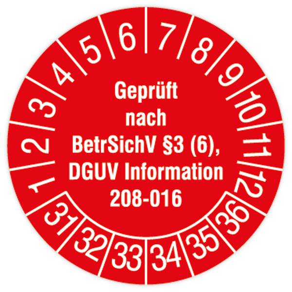 Prüfplakette, Geprüft nach BetrSichv §3 (6), DGUV Info. 208-016, 2031, Dok.folie, Ø 30 mm, 108/Heft