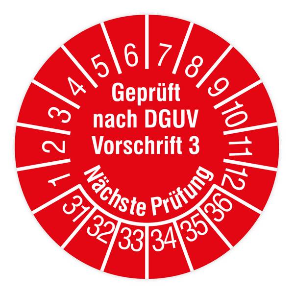 Prüfplakette, Geprüft nach DGUV V 3, Nä. Prüfung, 2031 - 2036, Dokumentenfolie, Ø 15 mm, 160/Heft