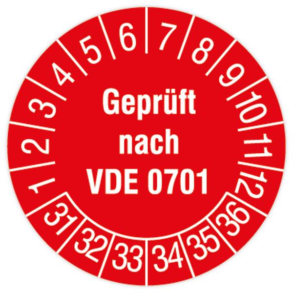 Prüfplakette, Geprüft nach VDE 0701, 2031 - 2036, Standardfolie, Ø 30 mm, 108/Heft