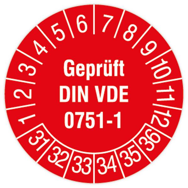 Prüfplakette, Geprüft DIN VDE 0751-1, 2031 - 2036, Dok.folie mit Oberflächenschutz, Ø 30 mm, 108/Heft