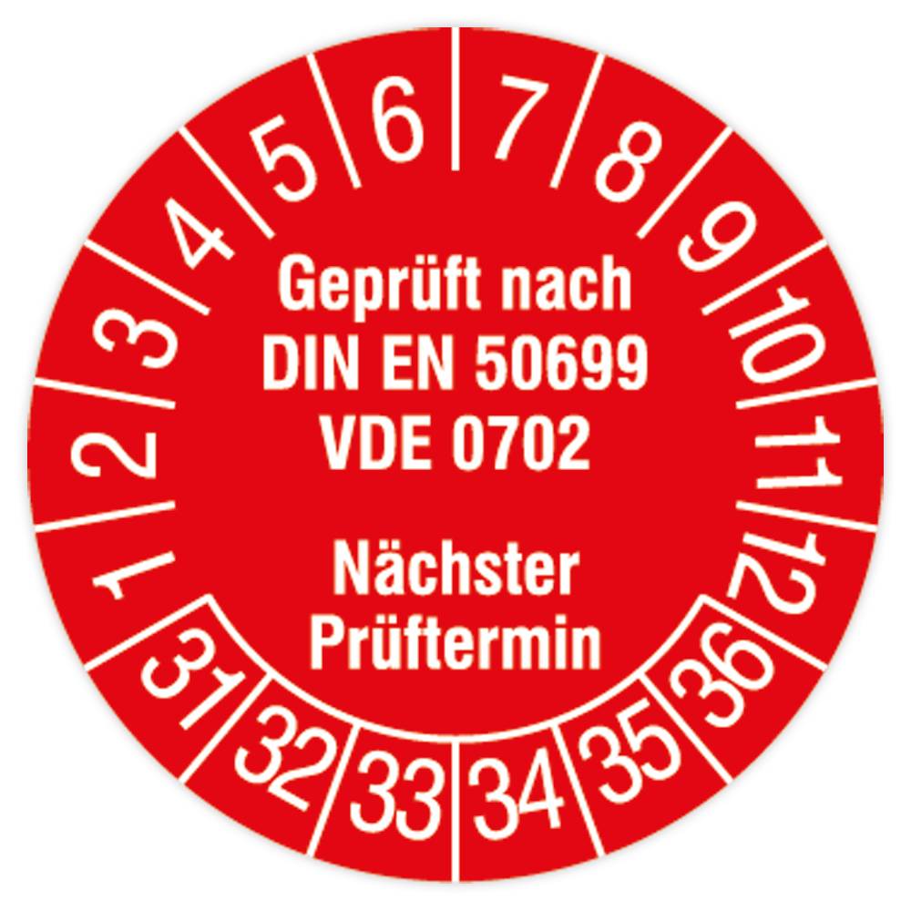 Prüfplakette, Geprüft nach DIN EN 50699, VDE 0702, 2031 - 2036, Dokumentenfolie, Ø 30 mm, 108/Heft-0