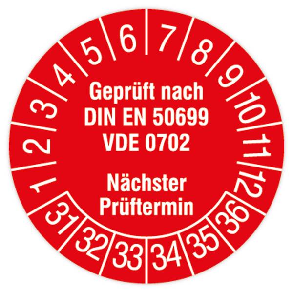 Prüfplakette, Geprüft nach DIN EN 50699, VDE 0702, 2031 - 2036, Dokumentenfolie, Ø 30 mm, 108/Heft