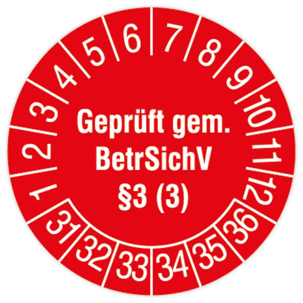 Prüfplakette Leitern und Tritte, gemäß BetrSichV §3(3), 2031, Dokumentenfolie, Ø 30 mm, 108/Heft-0