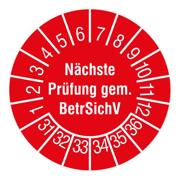Prüfplakette, Nächste Prüfung gem. BetrSichV, 2031 - 2036, Standardfolie, Ø 15 mm, 160/Heft