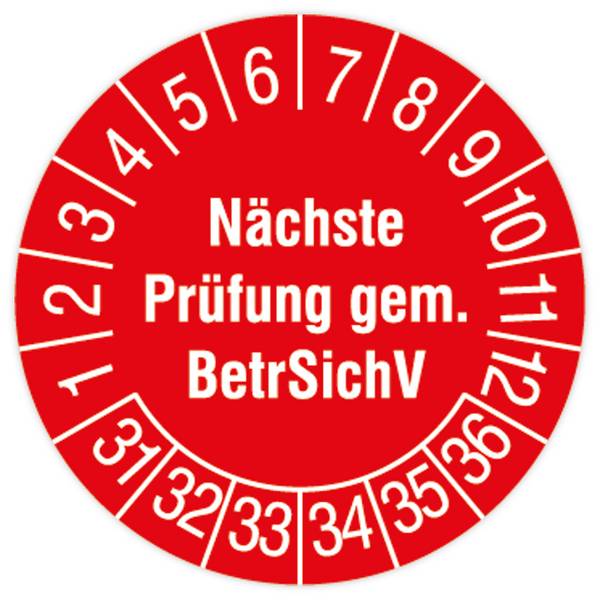 Prüfplakette, Nächste Prüfung gem. BetrSichV, 2031 - 2036, Standardfolie, Ø 30 mm, 108/Heft