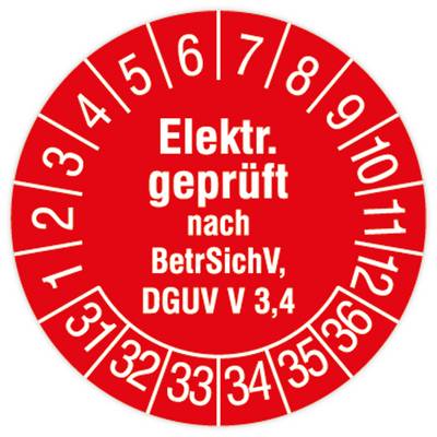 Prüfplakette, Elektr. geprüft - BetrSichV, DGUV V 3/4, 2031 - 2036, Stand.folie, Ø 30 mm, 108/Heft-0