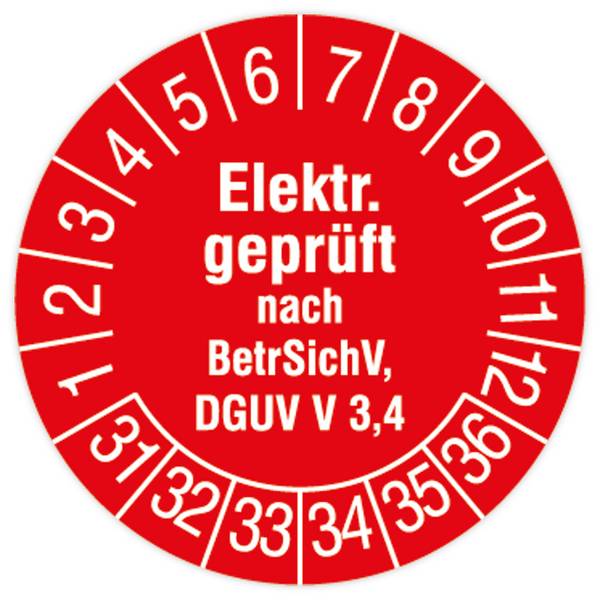 Prüfplakette, Elektr. geprüft - BetrSichV, DGUV V 3/4, 2031 - 2036, Stand.folie, Ø 30 mm, 108/Heft