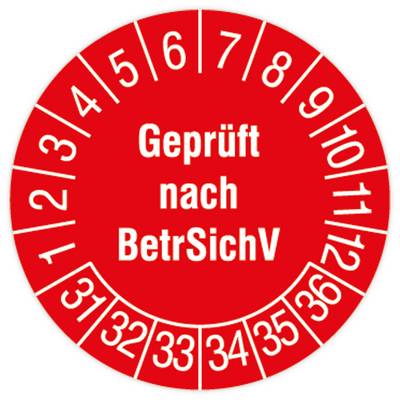 Prüfplakette, Geprüft nach BetrSichV, 2031 - 2036, Standardfolie, Ø 30 mm, 108/Heft-0
