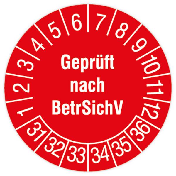 Prüfplakette, Geprüft nach BetrSichV, 2031 - 2036, Standardfolie, Ø 30 mm, 108/Heft