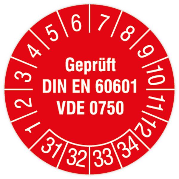 Prüfplakette, Geprüft DIN EN 60601 VDE 0750, 2031, Dok.folie mit Oberflächenschutz, Ø 30 mm, 108/Heft