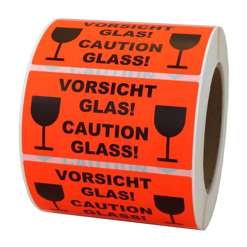 Paketaufkleber VORSICHT GLAS!, Papier, 100 x 50 mm, leuchtrot, 1.000 St./ Rolle-0