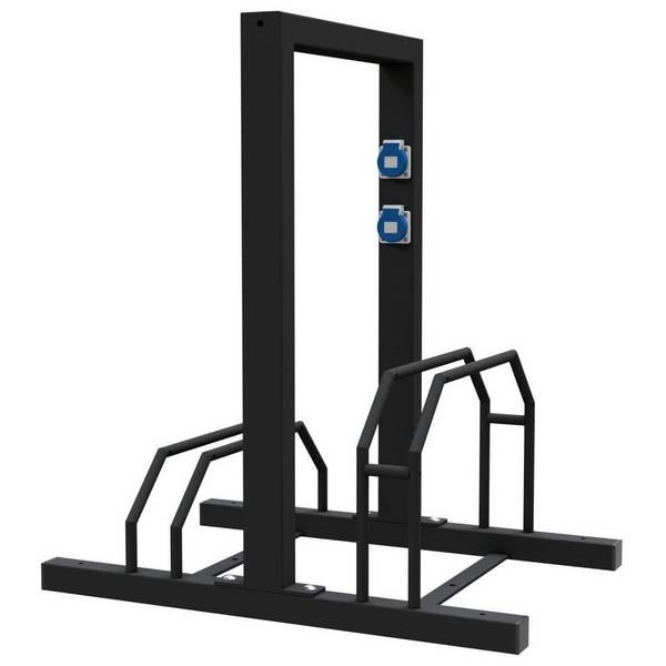 E-Bike Ständer, Anlehnbügel, 2x 230V Steckdosen, 700mm, Hoch-/Tief, beidseitig, 2 Plätze, schwarz