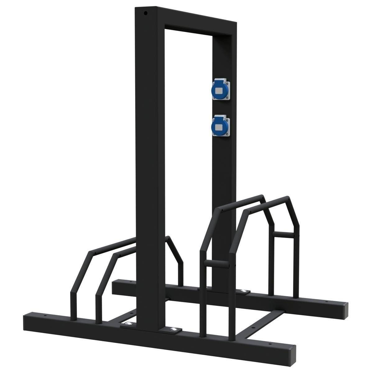 E-Bike Ständer, Anlehnbügel, 2x 230V Steckdosen, 700mm, Hoch-/Tief, beidseitig, 2 Plätze, schwarz-0