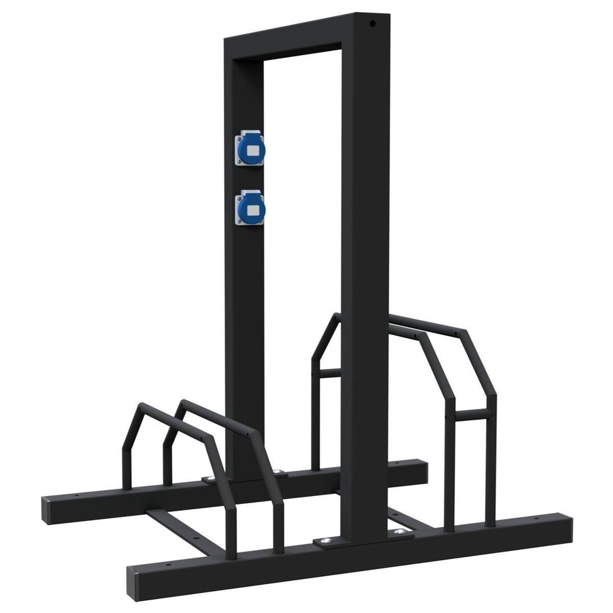 E-Bike Ständer, Anlehnbügel, 2x 230V Steckdosen, 700mm, Hoch-/Tief, beidseitig, 2 Plätze, schwarz-2