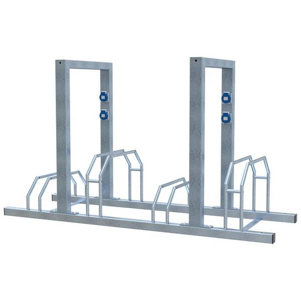 E-Bike Ständer, Anlehnbügel, 4x 230V Steckdosen, 1400mm, Hoch-/Tief, beidseitig, 4 Plätze, verzinkt