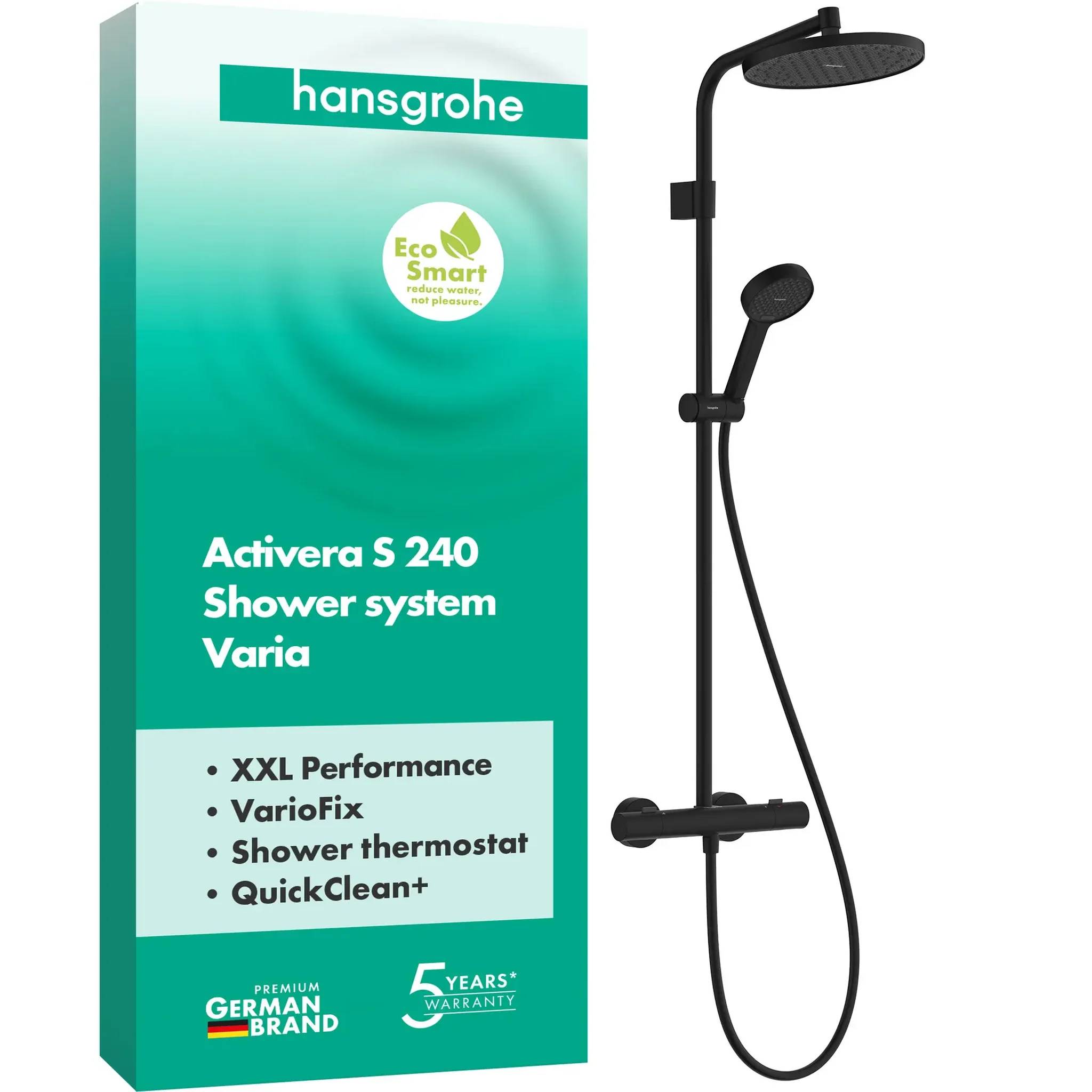 hansgrohe Activera S Showerpipe 240 1jet EcoSmart mit Ecostat Fine Varia, Mattschwarz, 1 Stk.