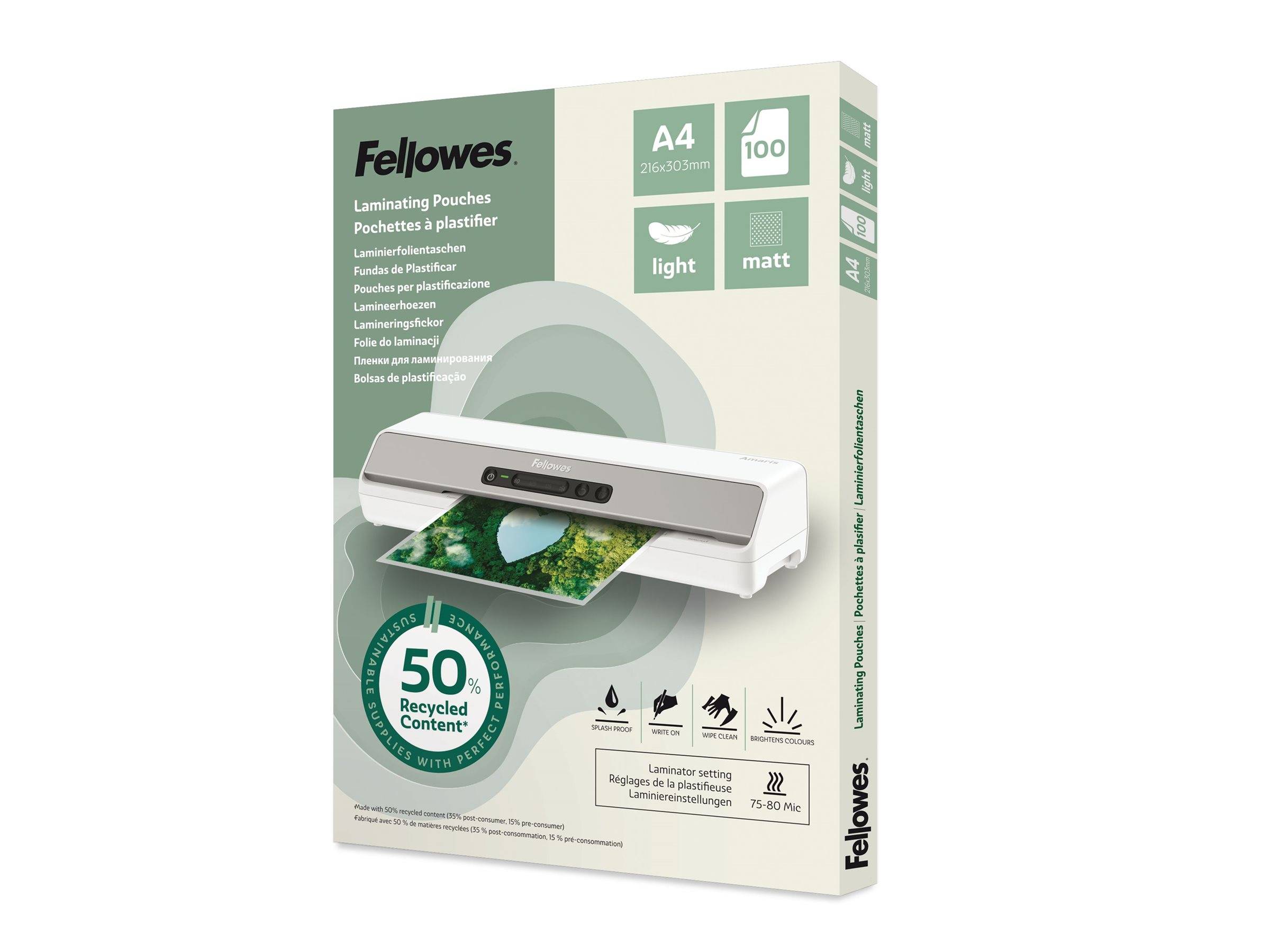 Fellowes Laminierfolien mit 50% recyceltem Anteil matt für A4 75-80 micron, 100 St-0