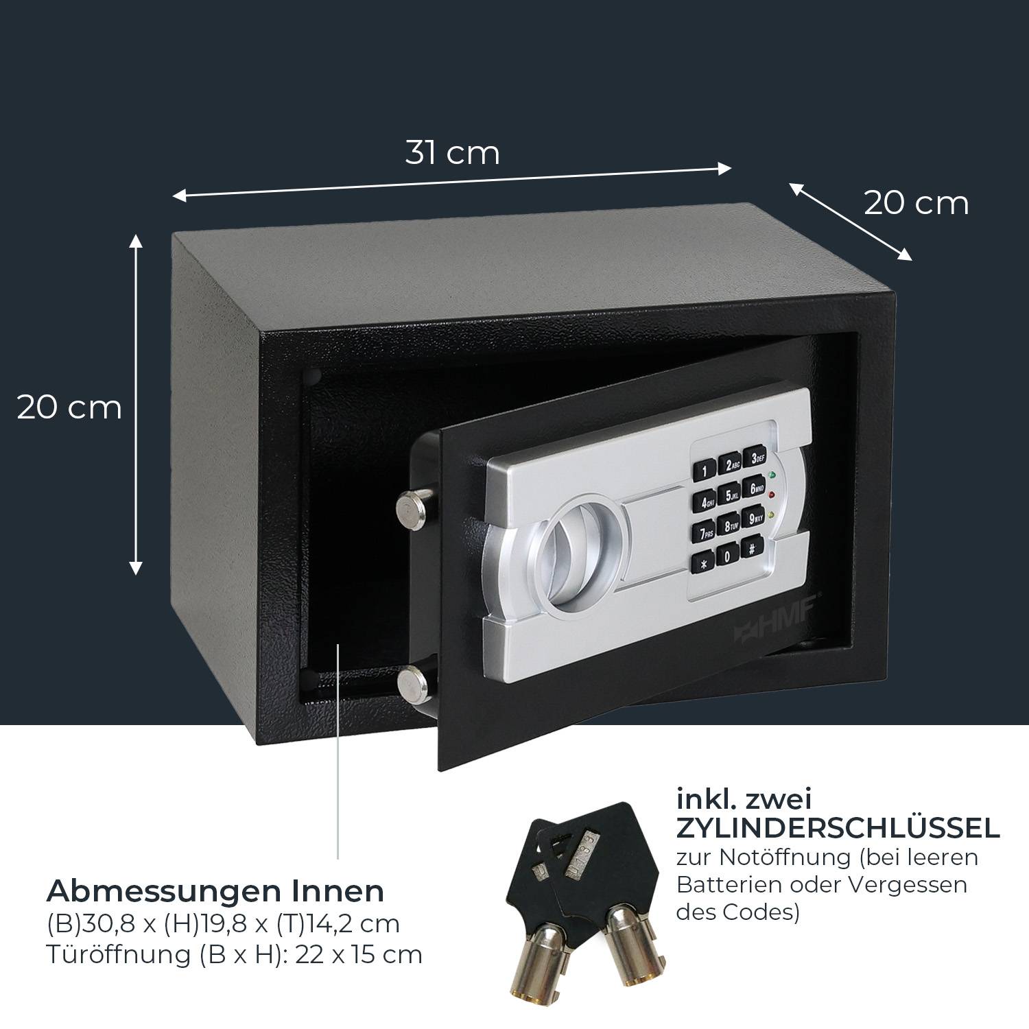 HMF Tresor für Zuhause, Hotel oder Büro, Möbeltresor mit Zahlenschloss für DIN A5 Dokumente, 31 x 20 x 20 cm, Schwarz-3