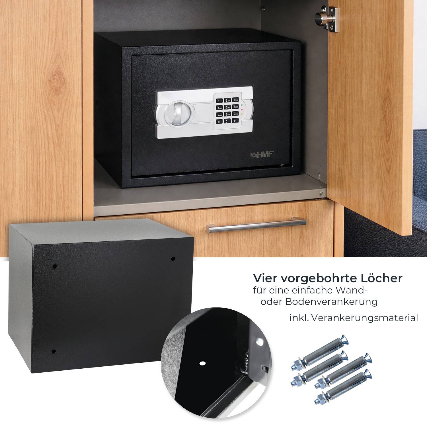 HMF Tresor für Zuhause, Hotel oder Büro, Möbeltresor mit Zahlenschloss für DIN A4 Dokumente, 38 x 30 x 30 cm, Schwarz-2