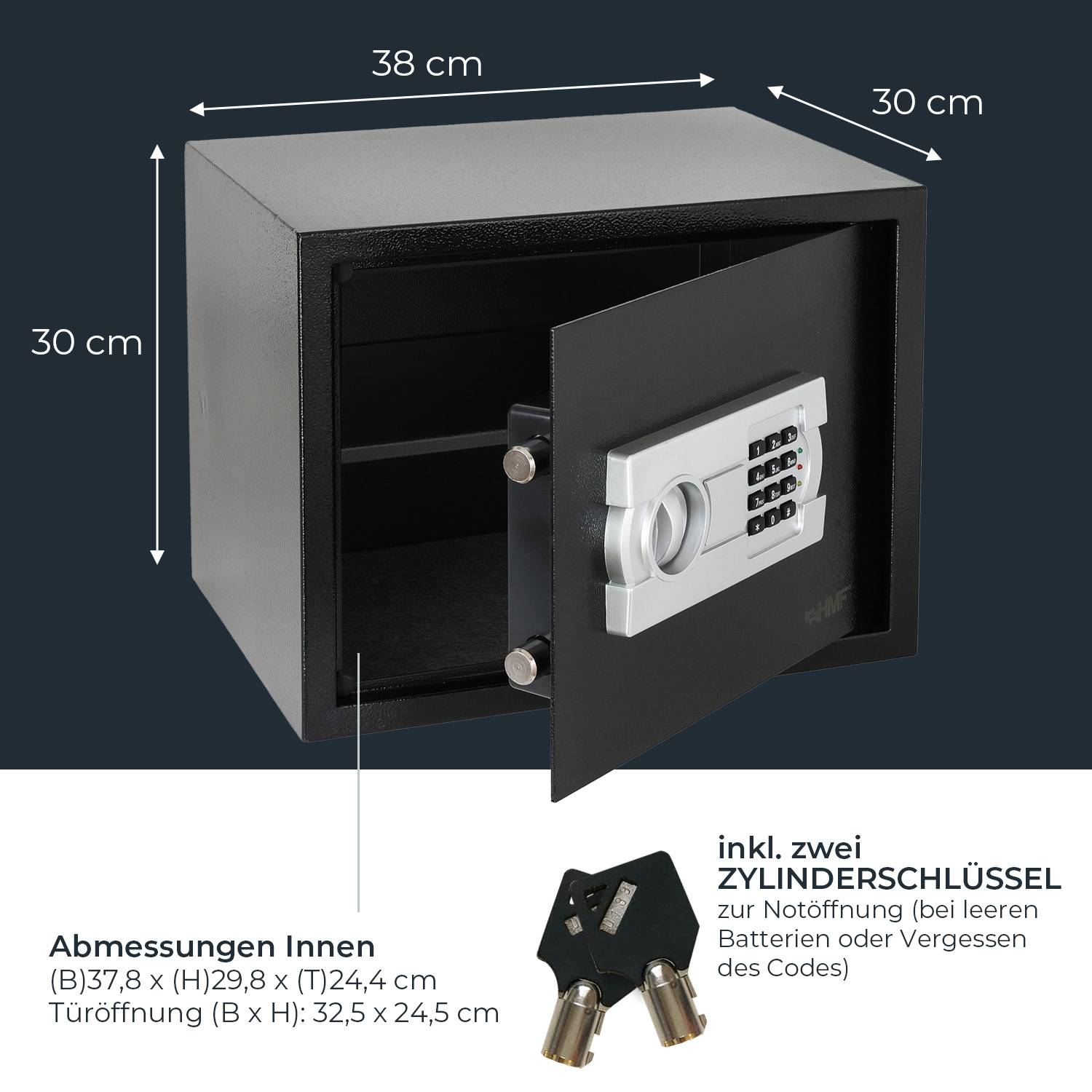 HMF Tresor für Zuhause, Hotel oder Büro, Möbeltresor mit Zahlenschloss für DIN A4 Dokumente, 38 x 30 x 30 cm, Schwarz-3