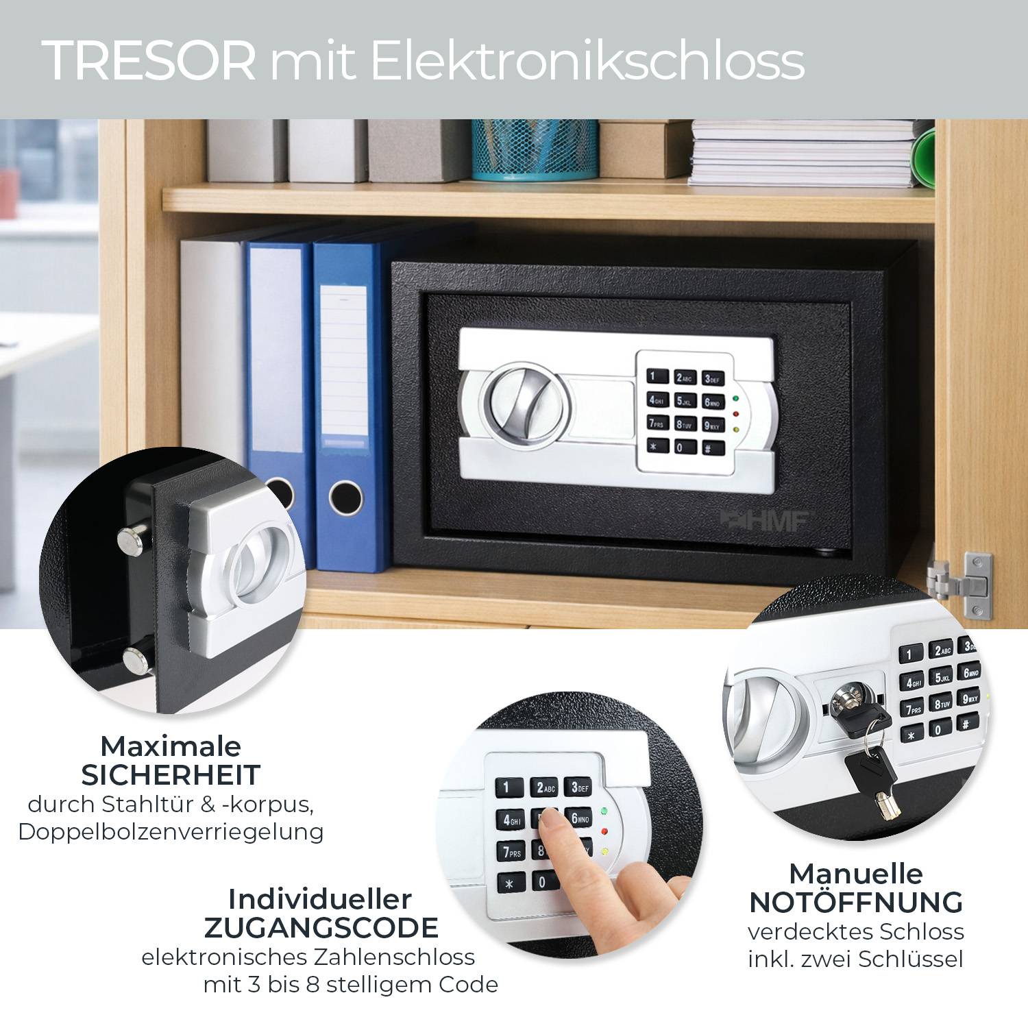 HMF Tresor für Zuhause, Hotel oder Büro, Möbeltresor mit Zahlenschloss für DIN A4 Dokumente, 35 x 25 x 25 cm, Schwarz-1