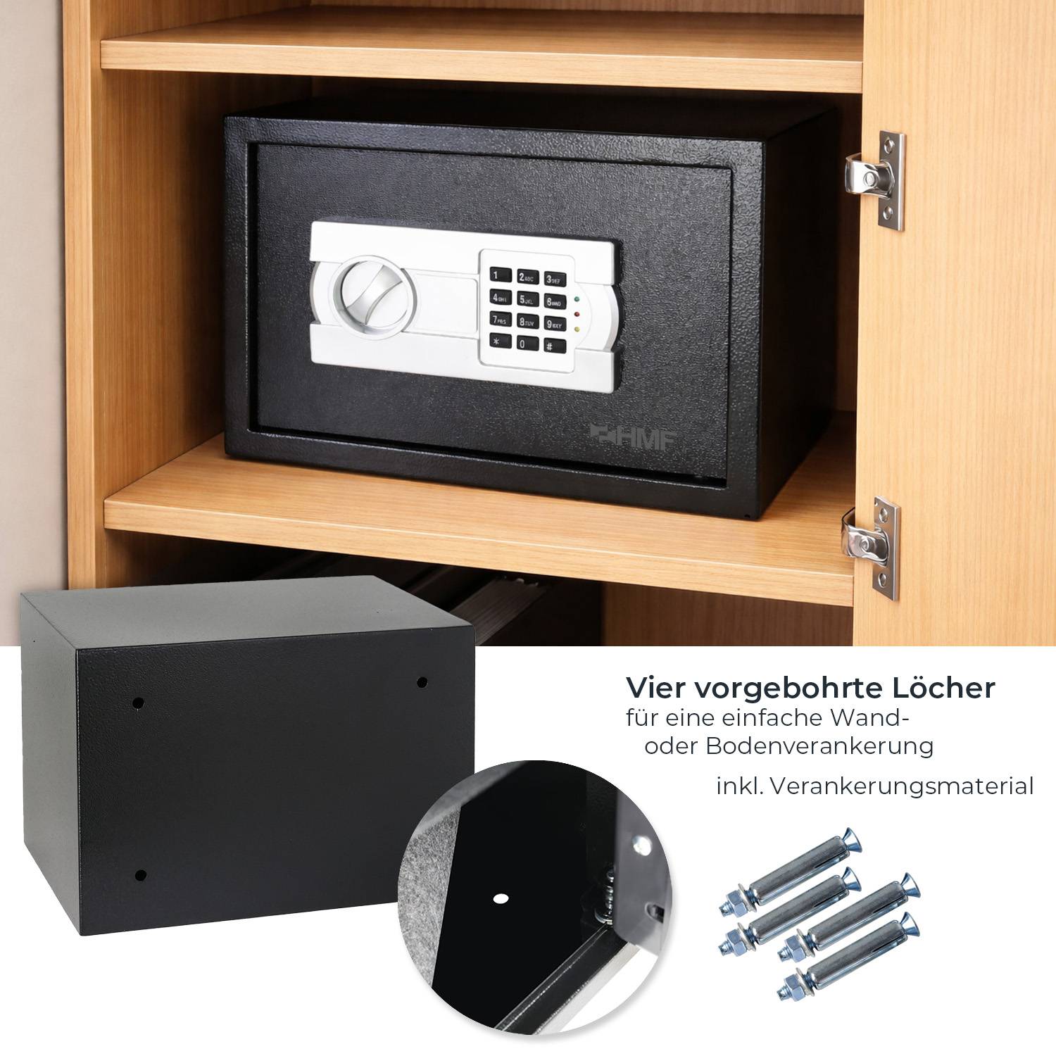 HMF Tresor für Zuhause, Hotel oder Büro, Möbeltresor mit Zahlenschloss für DIN A4 Dokumente, 35 x 25 x 25 cm, Schwarz-3
