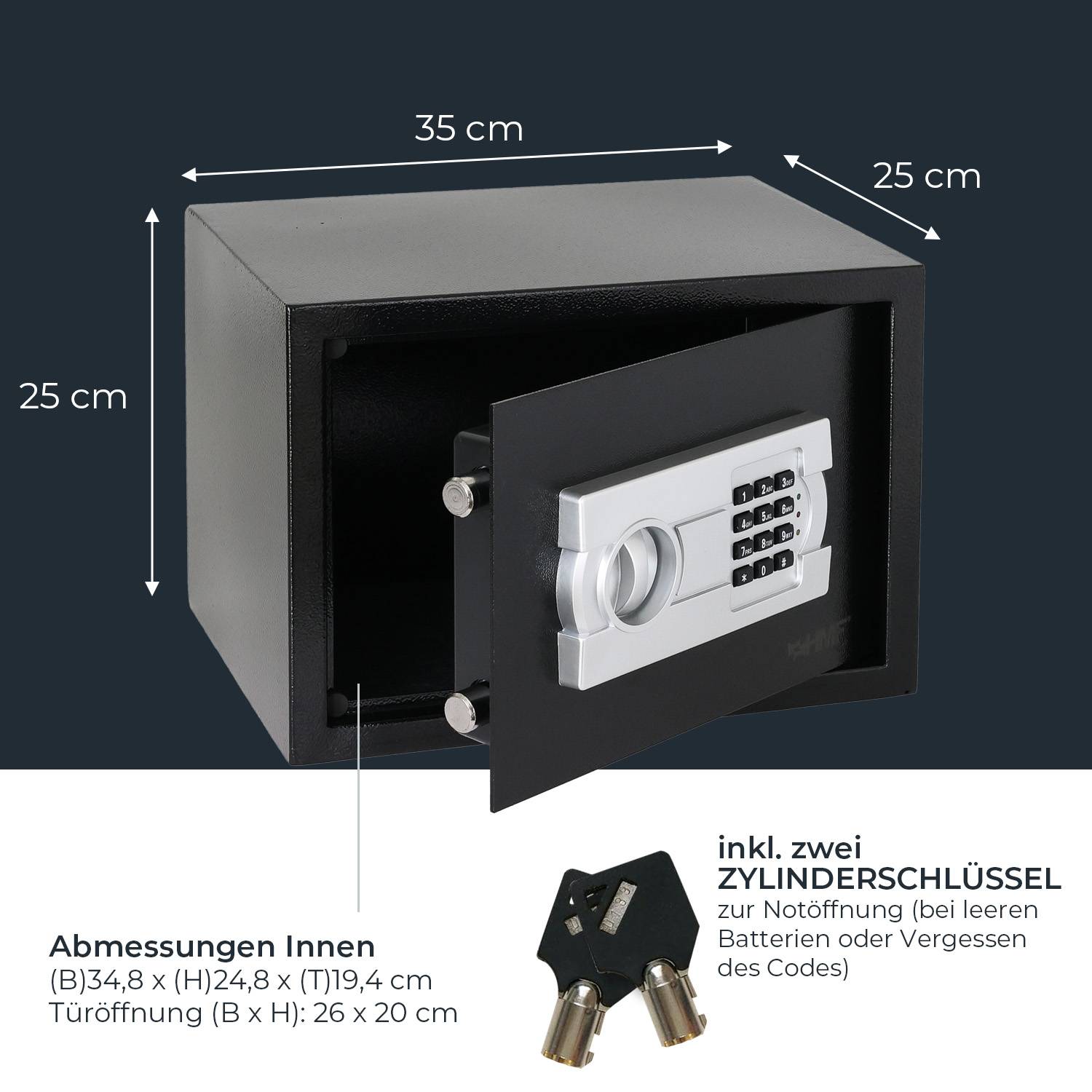 HMF Tresor für Zuhause, Hotel oder Büro, Möbeltresor mit Zahlenschloss für DIN A4 Dokumente, 35 x 25 x 25 cm, Schwarz-4