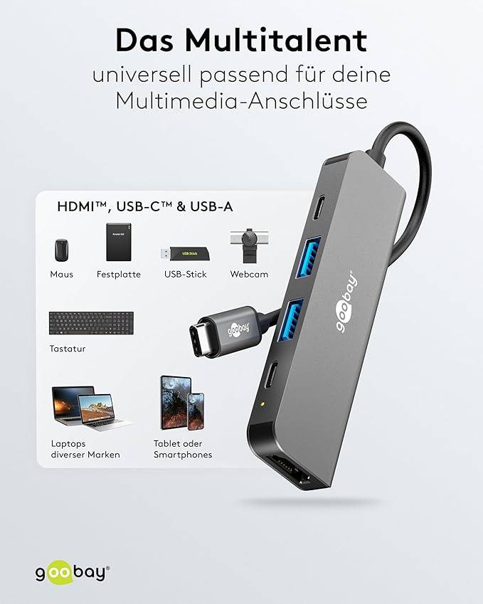Goobay 78967 USB-C Adapter Multiport Slim USB-C Hub auf HDMI™ 4K, 2x USB-C & 2x USB-A, 100 W Power Delivery, Aluminium-5