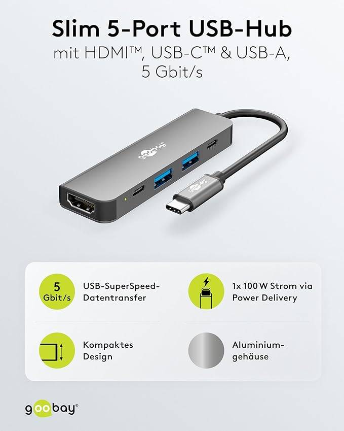 Goobay 78967 USB-C Adapter Multiport Slim USB-C Hub auf HDMI™ 4K, 2x USB-C & 2x USB-A, 100 W Power Delivery, Aluminium-1