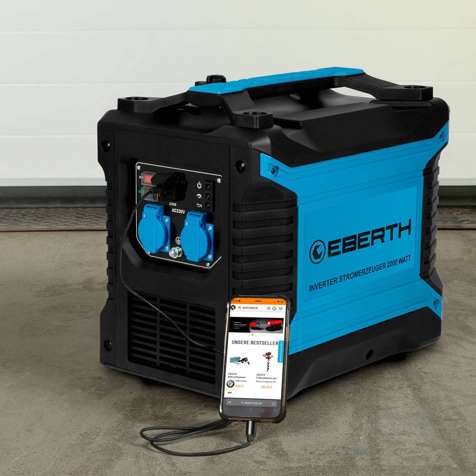 EBERTH 2000 Watt Inverter Stromerzeuger Notstromaggregat 3PS Benzin Stromgenerator 230V-4