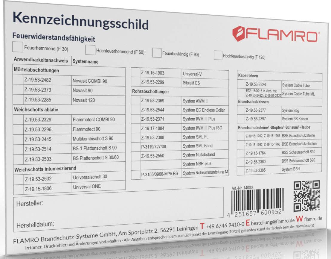 FLAMRO Brandschutz Kennzeichnungsschild 14000-1