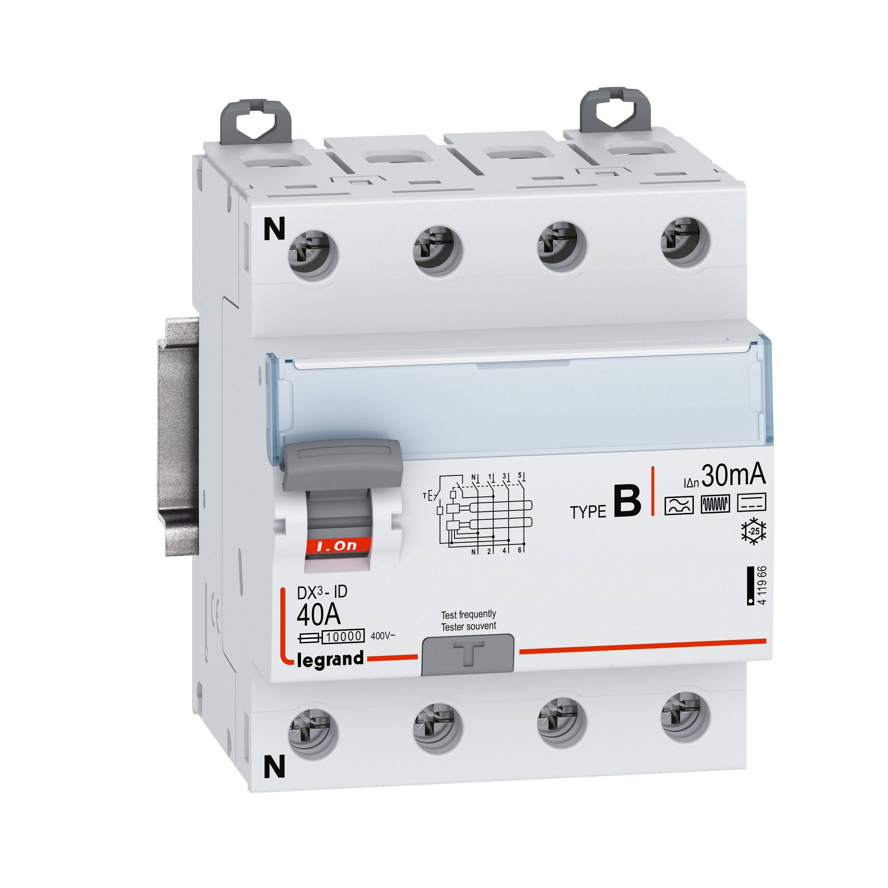 LEGRAND, DX3 Fehlerstromschutzschalter 40A, 4-polig, 30mA, Typ B, 400VAC, N-links, 4TE, 411966-1