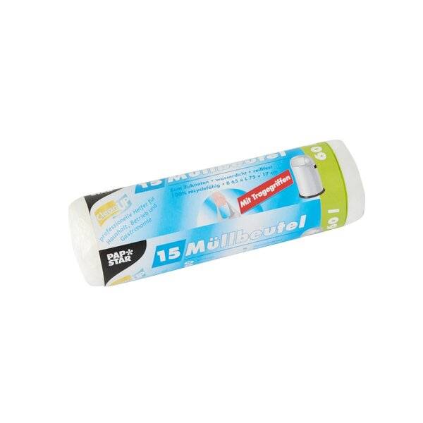 15 Müllbeutel mit Tragegriffen, HDPE 60 l 75 cm x 65 cm transparent 12 my