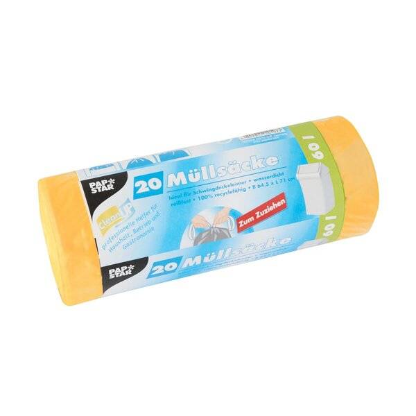 20 Müllbeutel mit Zugband, LDPE 60 l 71 cm x 64,5 cm gelb 20 my